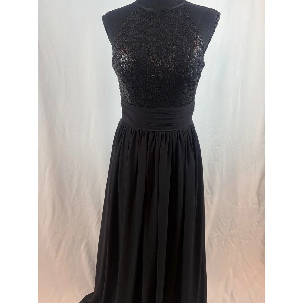 Black Sequin Halter Neck Maxi Dress Open Back Ruched Waist Formal Evening Gown - Picture 6 of 16